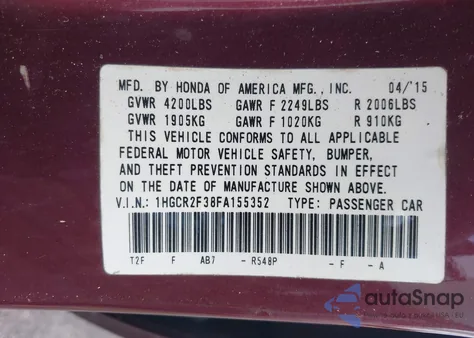 2015 Honda Accord Lx z USA, uszkodzony, nr VIN 1HGCR2F38FA155352